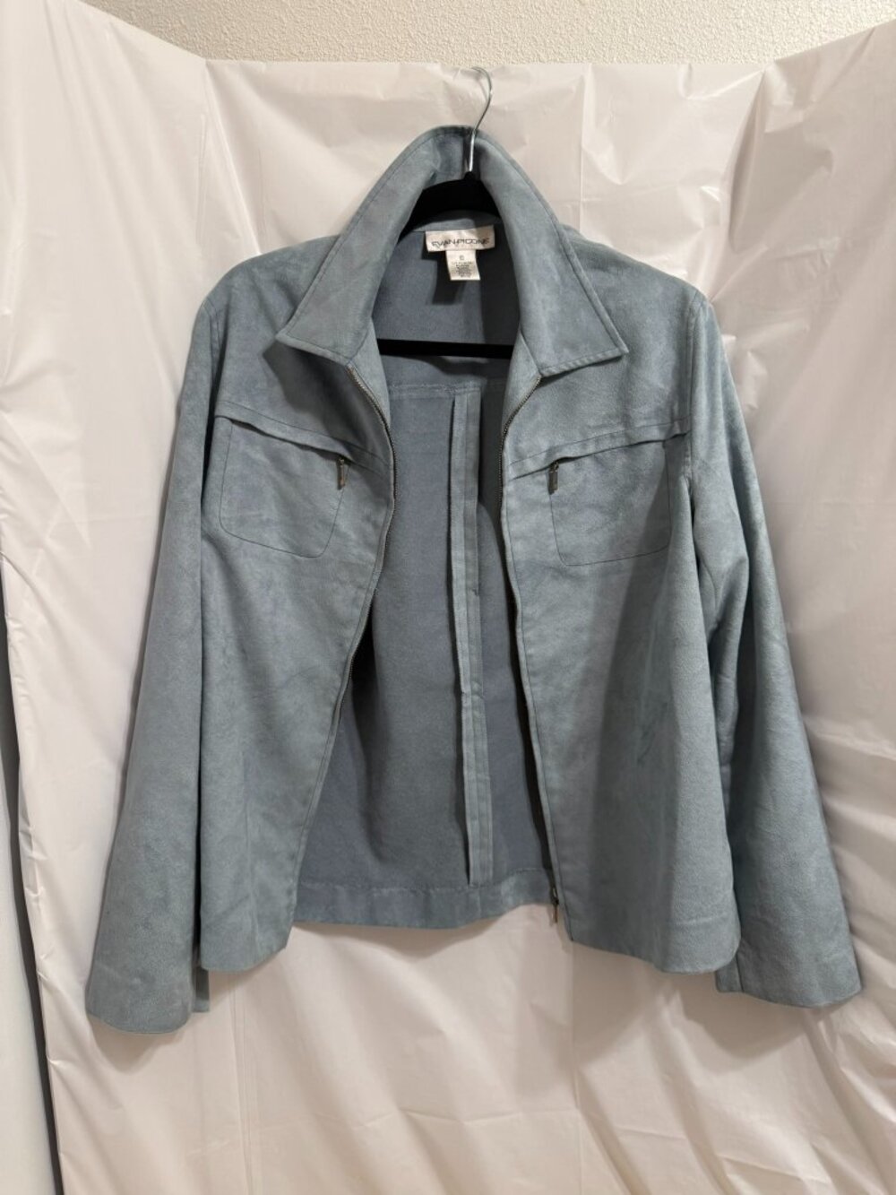 Evan-Picone Womens Light Blue Faux Suede Zip Up Collared Jacket Size 10